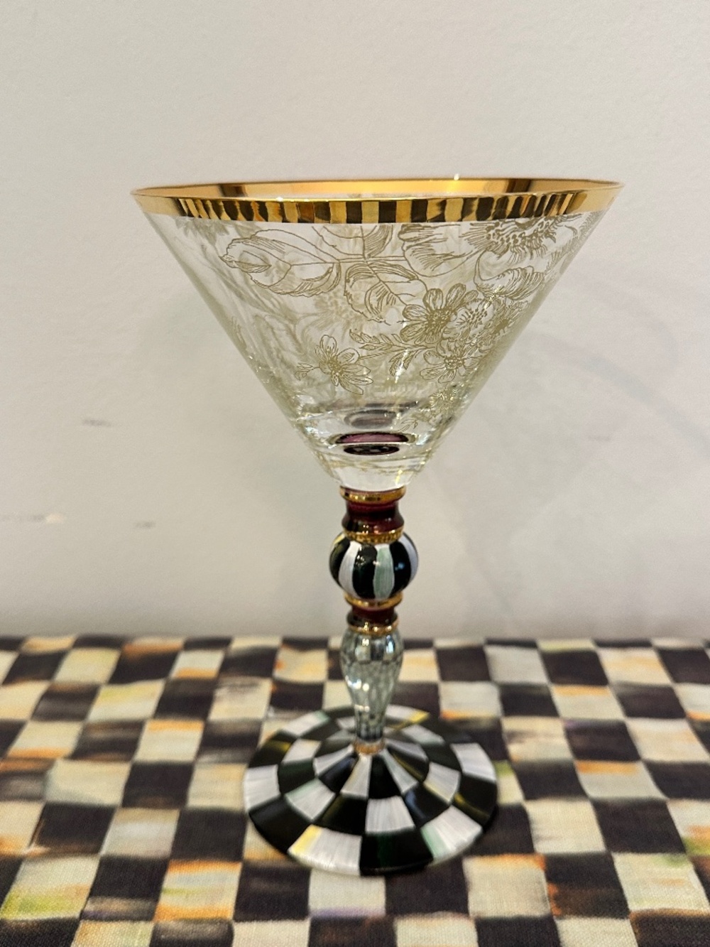 New Mackenzie Childs BLOOMING COURTLY CHECK Martini Floral Glass 8.25" Gold Band